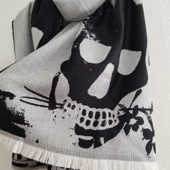 Alexander McQueen Wool Skull Large Scarf Black Grey - Picture 9 of 11